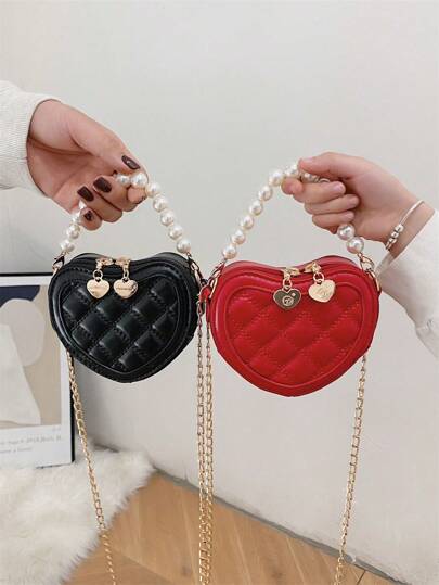 新款刺绣心形女童手提包，时尚公主风珍珠装饰手提包，时尚节日礼物