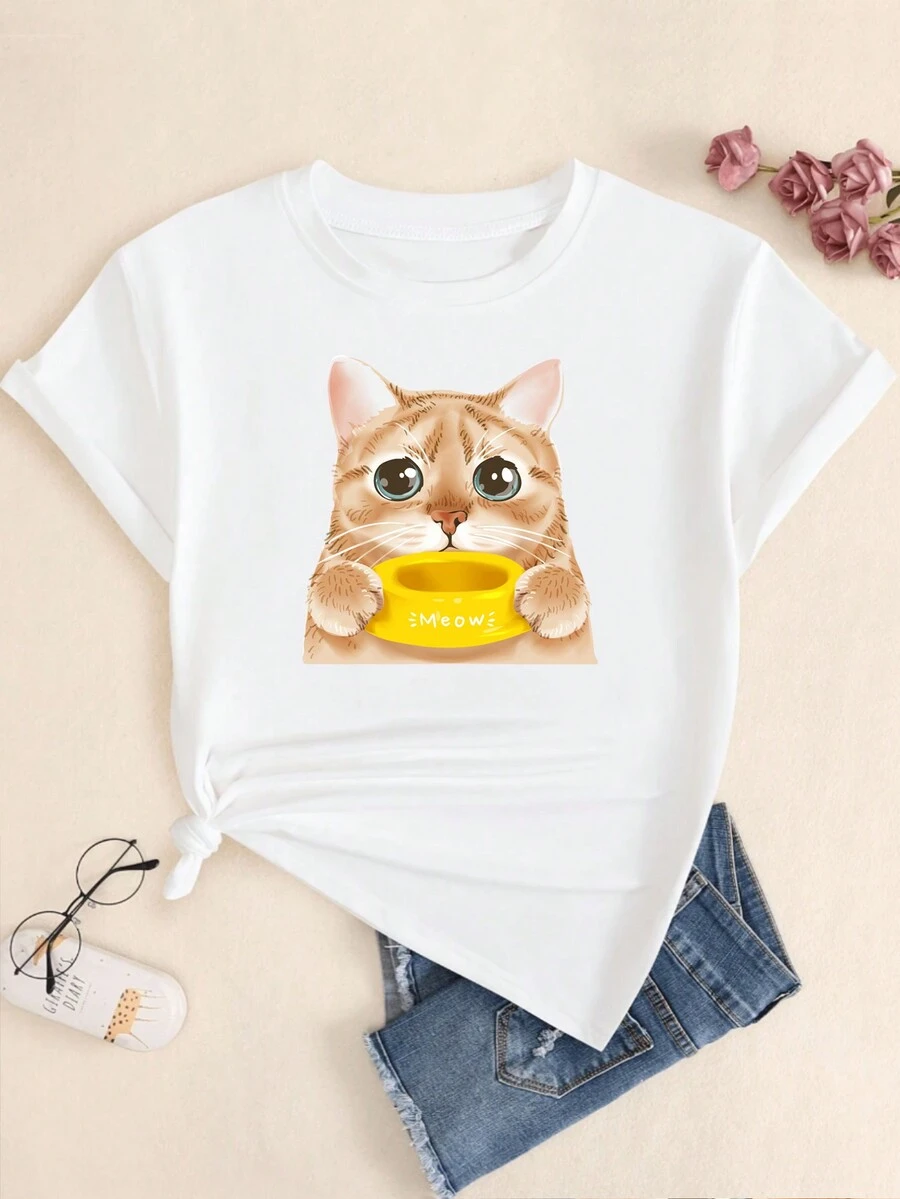 Amiseta Printed Kitten Losing Food Babylook Cotton Short Sleeve Comfort Basic Streetwear Casual - 白色的 - 查看 1