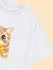 Amiseta Printed Kitten Losing Food Babylook Cotton Short Sleeve Comfort Basic Streetwear Casual - 白色的 - 查看 5