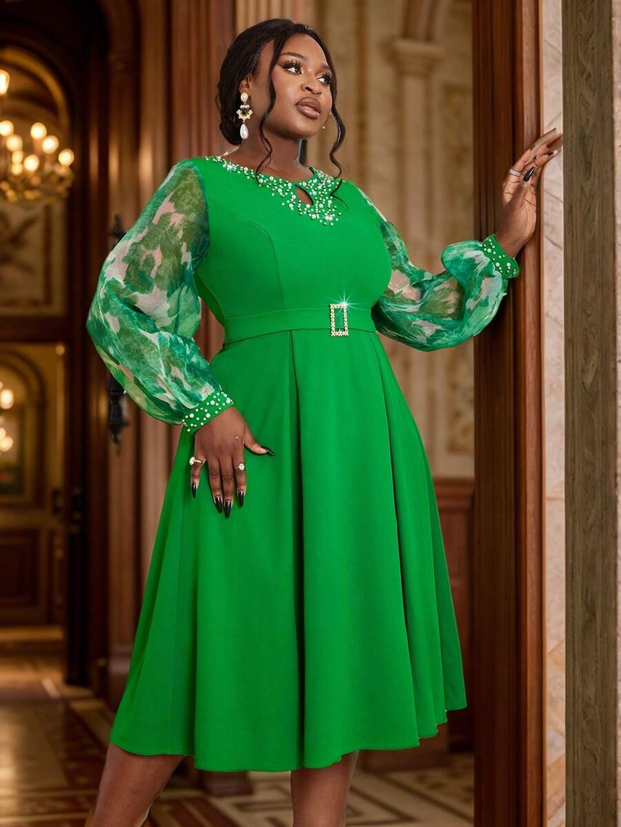 Ruffles Sleeve Beaded SeeThrough Digital Print ALine Dress, Commuter