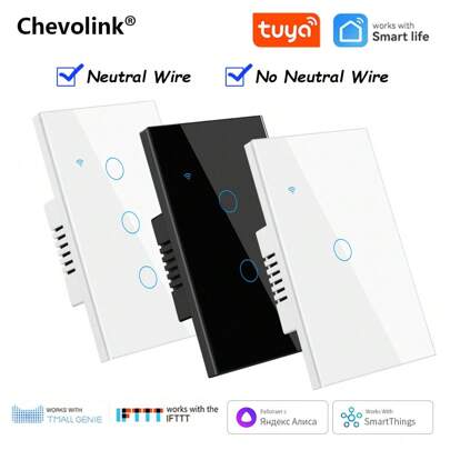 ChevoLink Tuya Smart Switches US Neutral Wire/No Neutral Wire Required 1/2/3/4 Gang Light WiFi Touch Switch Work With Alexa  Home
