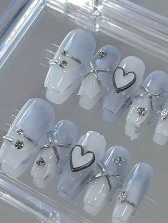 10pcs Handmade Press On Nails With Rhinestones, Valentines Nails , Romantic Nail Art, Nail Supplies ,Heart Fake Nails, Vacation Style Blue Nails,Full Cover Gradient False Nails For Women And Girls,Summer Nails Press On Nails Beach Essentials,Gift A Set Of Nail Kit