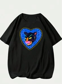 Leopard Art Print T-Shirt Cotton Casual Comfort Unisex Short Sleeve Streetwear - 黑色 - 查看 1