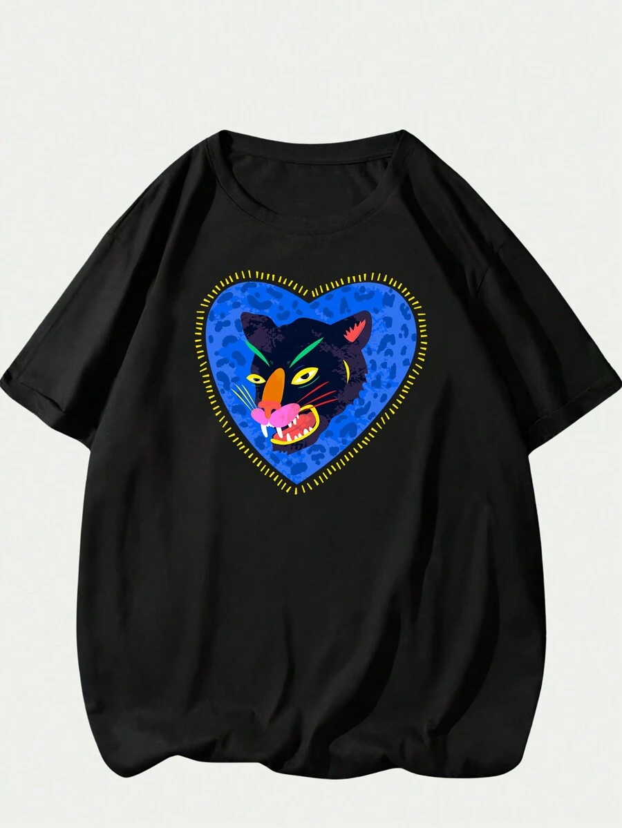 Leopard Art Print T-Shirt Cotton Casual Comfort Unisex Short Sleeve Streetwear - 黑色 - 查看 1