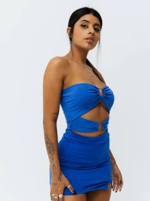 Cropped Top With Ring In Ribbed Fabric, Foreign Fashion Style, Women's Top - 藍色 - 查看 4