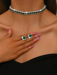 1 套水钻镶嵌方形耳钉和小众奢华休闲项链 - 綠色 - 查看 10
