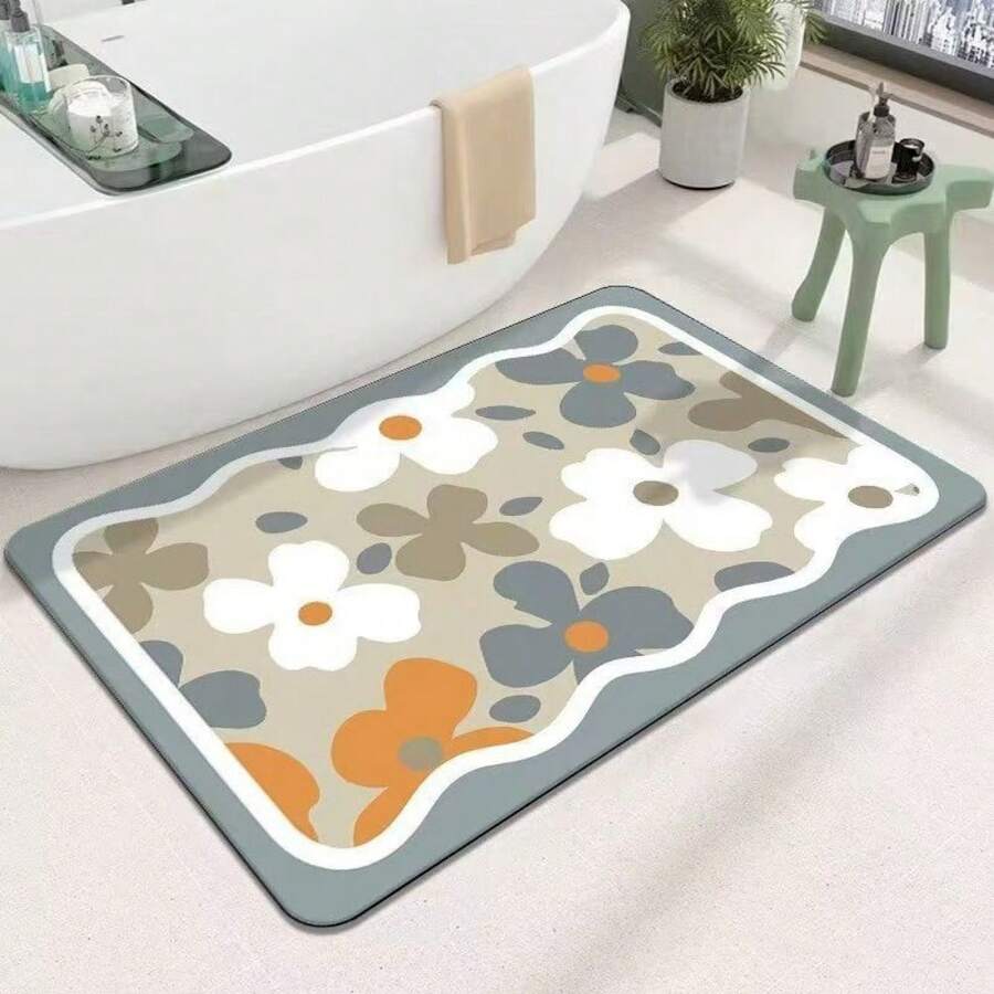 1 件花卉图案浴室地垫，简约柔软硅胶防滑吸水矩形地毯，适合浴室入口、家庭使用 - 彩色 - 查看 1