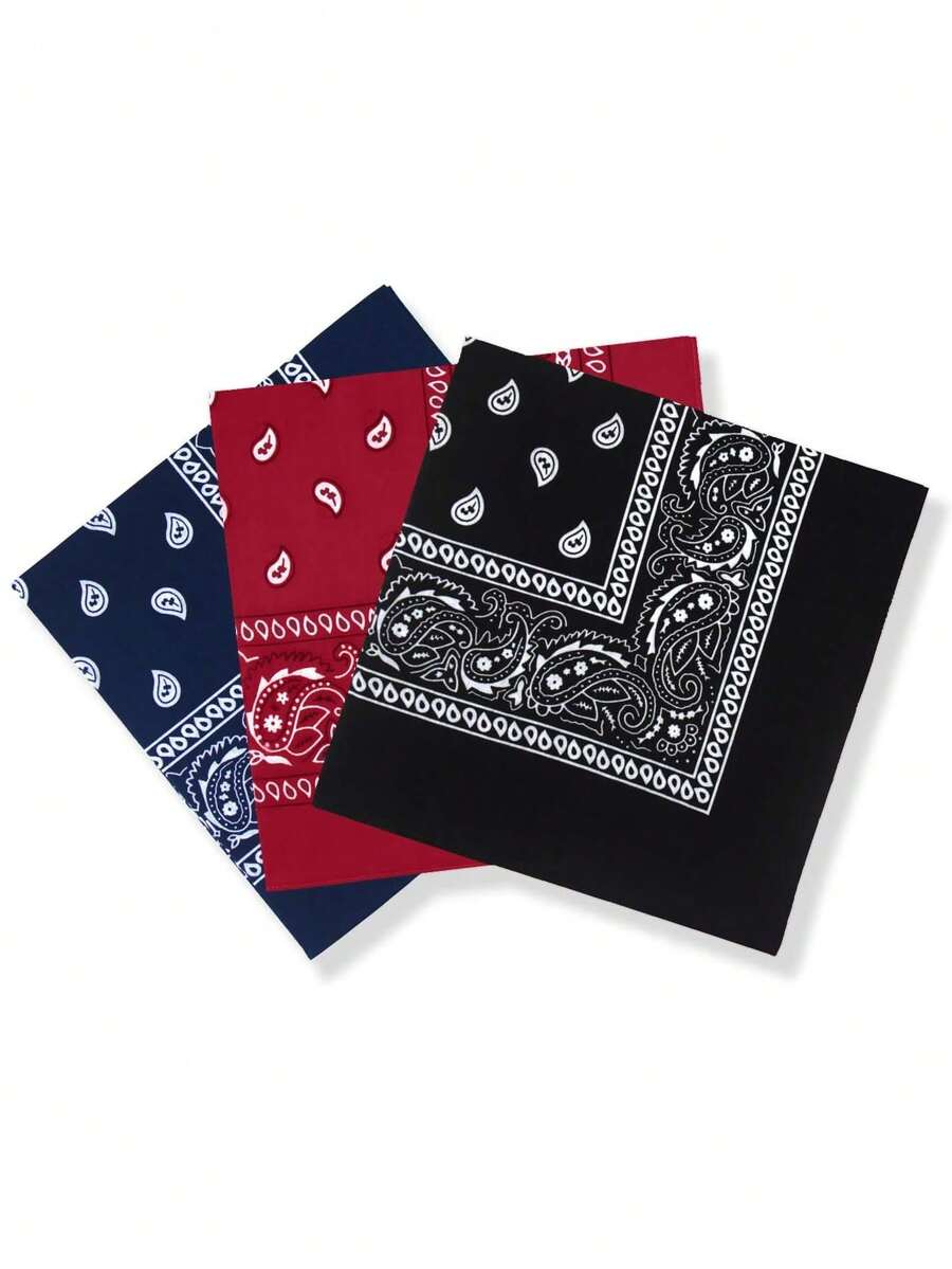 3 件套男女通用佩斯利和牛仔布图案头巾/手帕/围巾，55.88 X 55.88 厘米 - 藍色 - 查看 1