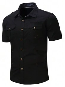 FREDD MARSHALL Men's Solid Color Short Sleeve Cargo Work Pockets Button-Down Shirts With Metal Badge