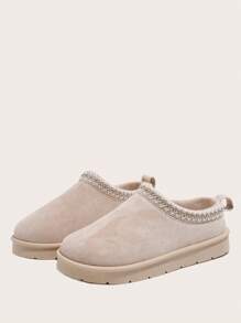 Women's Fashionable Striped Slip-On Low-Top Warm Lined Short Snow Boots, Casual Winter Beige Waterproof Rubber Outsole Snow Shoes