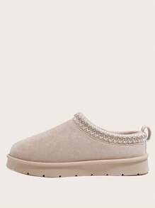 Women's Fashionable Striped Slip-On Low-Top Warm Lined Short Snow Boots, Casual Winter Beige Waterproof Rubber Outsole Snow Shoes