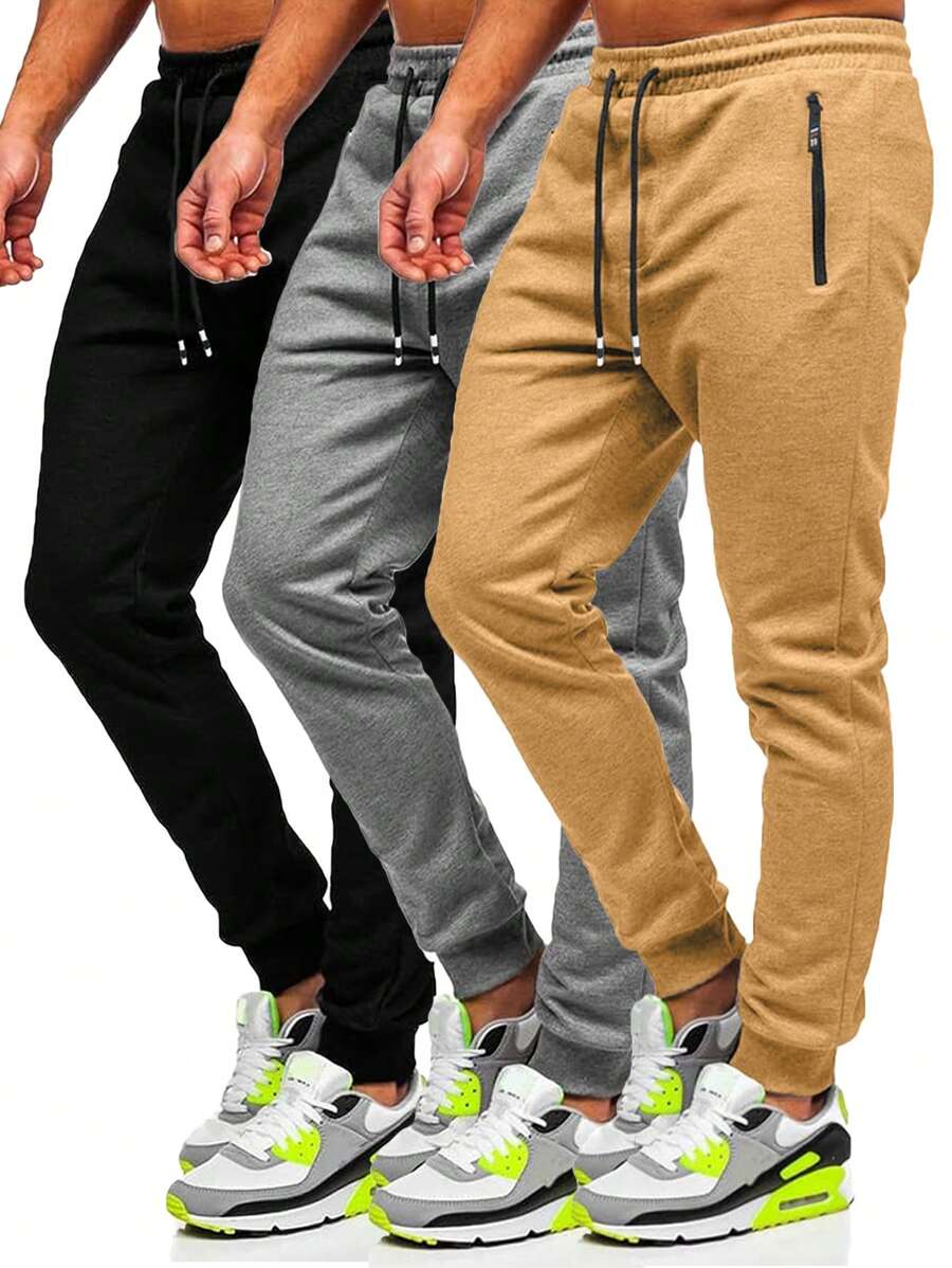 3 Pcs Men's Jogger Sweatpants With Zipped Pockets Drawstring Regular Fit Sweatpants For Running Gym Workout - 黑色+淺灰色+卡其色 - 查看 1