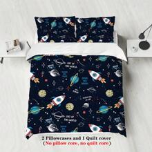 Set de ropa de cama de 3 piezas con estampado de cohete espacial de dibujos animados, que incluye 1 edredón y 2 fundas de almohada. Piel amigable, transpirable, suave y cómodo, resistente a la formación de bolitas, lavable a máquina, de estilo para todas las estaciones sin relleno.