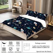 Set de ropa de cama de 3 piezas con estampado de cohete espacial de dibujos animados, que incluye 1 edredón y 2 fundas de almohada. Piel amigable, transpirable, suave y cómodo, resistente a la formación de bolitas, lavable a máquina, de estilo para todas las estaciones sin relleno.