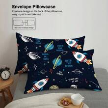 Set de ropa de cama de 3 piezas con estampado de cohete espacial de dibujos animados, que incluye 1 edredón y 2 fundas de almohada. Piel amigable, transpirable, suave y cómodo, resistente a la formación de bolitas, lavable a máquina, de estilo para todas las estaciones sin relleno.