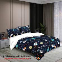 Set de ropa de cama de 3 piezas con estampado de cohete espacial de dibujos animados, que incluye 1 edredón y 2 fundas de almohada. Piel amigable, transpirable, suave y cómodo, resistente a la formación de bolitas, lavable a máquina, de estilo para todas las estaciones sin relleno.