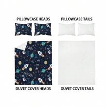 Set de ropa de cama de 3 piezas con estampado de cohete espacial de dibujos animados, que incluye 1 edredón y 2 fundas de almohada. Piel amigable, transpirable, suave y cómodo, resistente a la formación de bolitas, lavable a máquina, de estilo para todas las estaciones sin relleno.