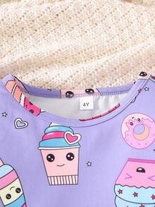 女孩新款不对称冰淇淋印花舒适可爱修身休闲长袖长裤套装 - 紫色 - 查看 3