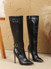 Botas altas de tacón de aguja de 12 cm con puntera puntiaguda, hebilla metálica, remaches, cremallera lateral y uso informal a juego de moda sexy