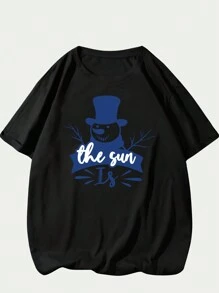 Snowman Printed T-Shirt Unisex Cotton Comfort Short Sleeve Basic Casual Streetwear - 黑色 - 查看 1