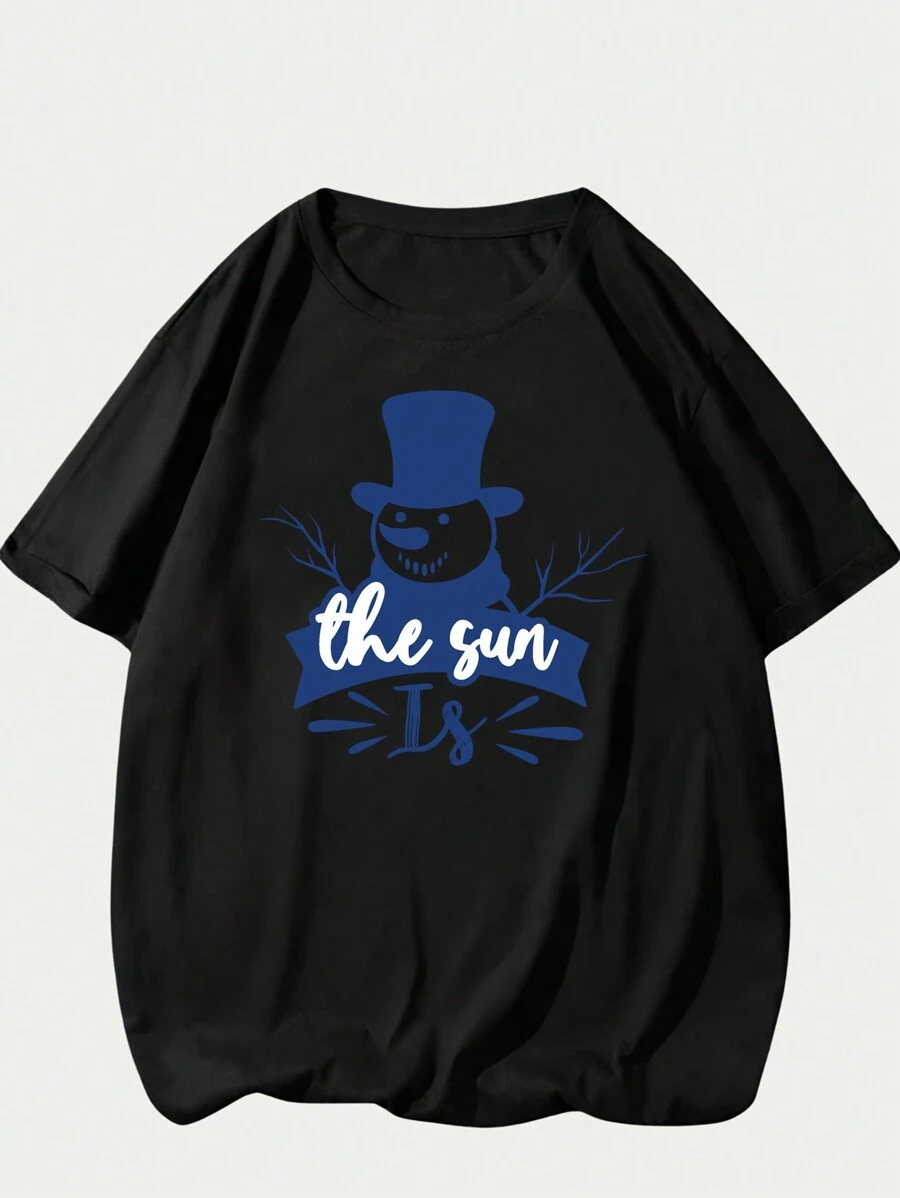 Snowman Printed T-Shirt Unisex Cotton Comfort Short Sleeve Basic Casual Streetwear - 黑色 - 查看 1