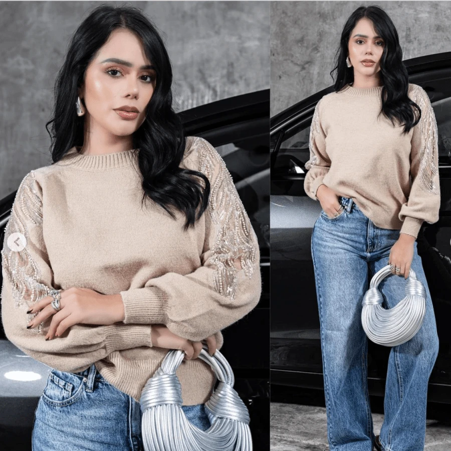 French Style Versatile Pearl Embellished Long Sleeve Crew Neck Sweater - Brown - View 1