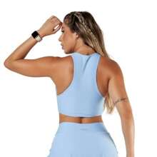 Women's Cropped Gym Top With Medium Straps And High Compression, Round Neck, Racerback, UV50+ - 淺藍色 - 查看 3