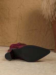 Botas altas de mujer de talla grande, botas casuales de tacón alto de color vino tinto con cremallera, para uso en pasarela, botas largas de tacón grueso de color rojo - Burdeos - Ver 8