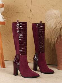 Botas altas de mujer de talla grande, botas casuales de tacón alto de color vino tinto con cremallera, para uso en pasarela, botas largas de tacón grueso de color rojo - Burdeos - Ver 6