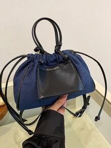 2024 新款冬季时尚拼色抽绳水桶手提包，时尚女士单肩斜挎包 - 藍色 - 查看 4