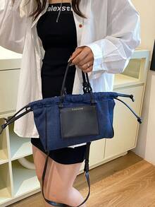 2024 新款冬季时尚拼色抽绳水桶手提包，时尚女士单肩斜挎包 - 藍色 - 查看 10