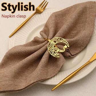 3/6 件创意节日宰牲节装饰镂空月亮星星餐巾环餐巾环餐巾扣餐桌布置餐巾环金属餐巾扣餐桌装饰适用于餐桌布置派对婚礼家庭聚会节日周年纪念宴会