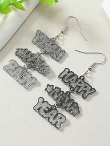 1 对儿童新年快乐字母金色/银色闪光吊坠简约时尚耳环，2025 新年派对佩戴精选 - 1對新年細閃吊墜耳環 - 查看 4