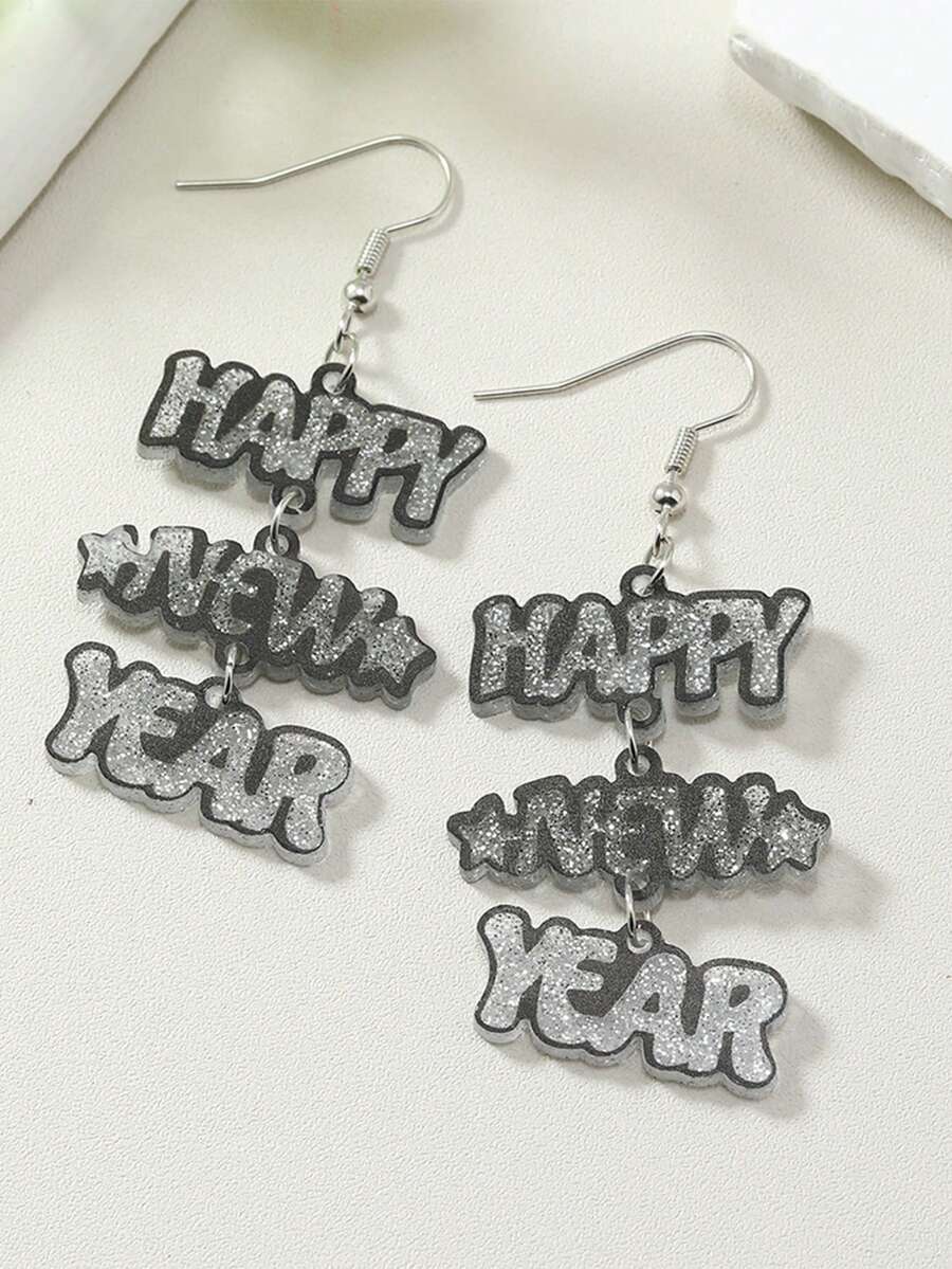 1 对儿童新年快乐字母金色/银色闪光吊坠简约时尚耳环，2025 新年派对佩戴精选 - 1對新年細閃吊墜耳環 - 查看 1