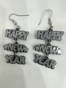 1 对儿童新年快乐字母金色/银色闪光吊坠简约时尚耳环，2025 新年派对佩戴精选 - 1對新年細閃吊墜耳環 - 查看 5