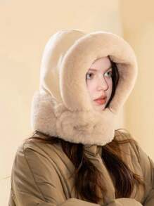 1pc Faux Suede Fleece Balaclava Hat, Winter Neck Warmer Windproof Ski Mask Earflap Cap For Women