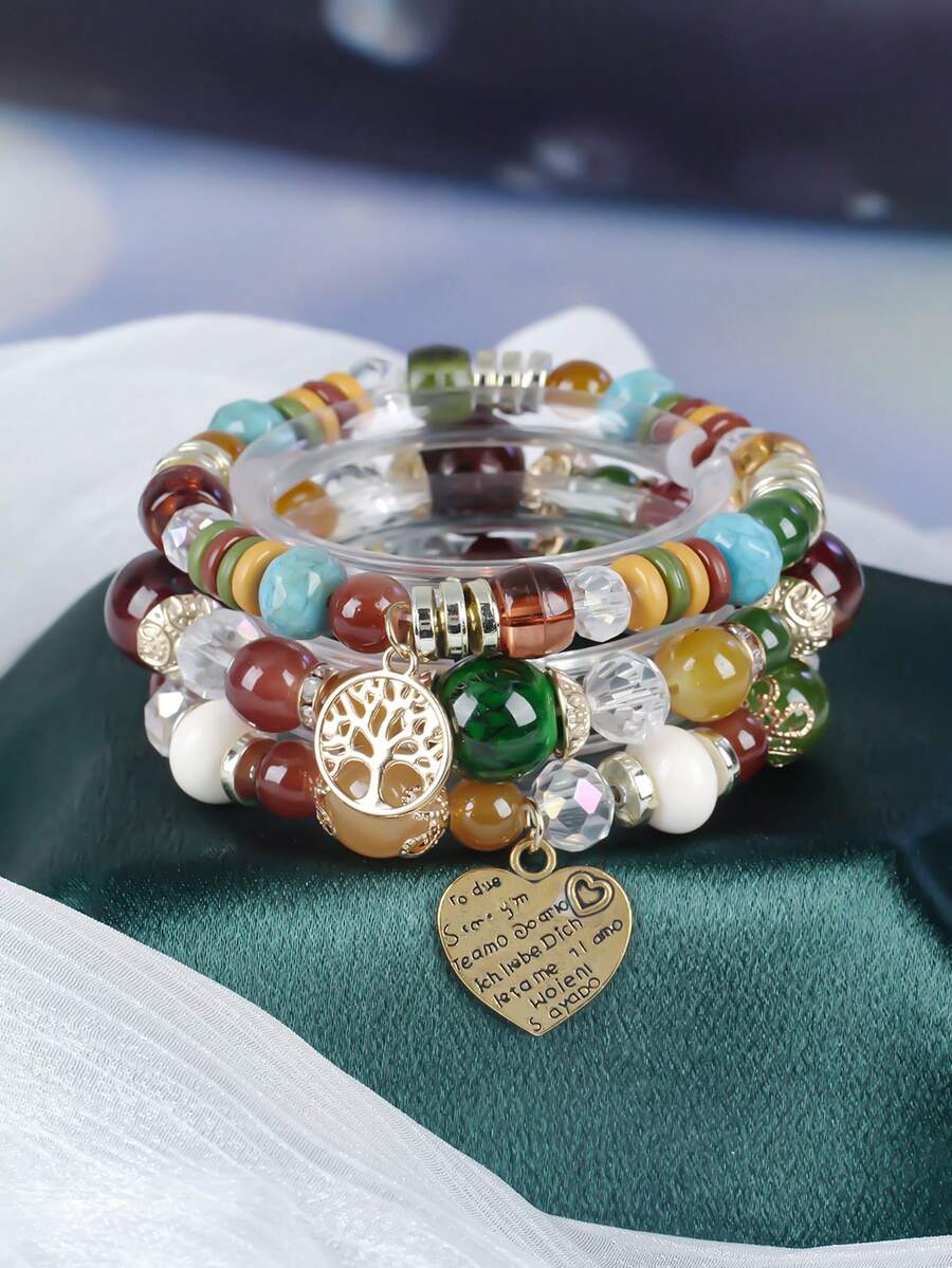 3 件装波西米亚风格多串心形和字母串饰手链，适合女士，时尚，适合情人节、约会、情侣礼物 - 愛心 - 查看 1