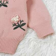 WUHUANG YIYI 1 件装女童可爱纯色手工刺绣花卉装饰圆领长袖开衫毛衣，秋冬季休闲度假装 - 藕粉色 - 查看 6