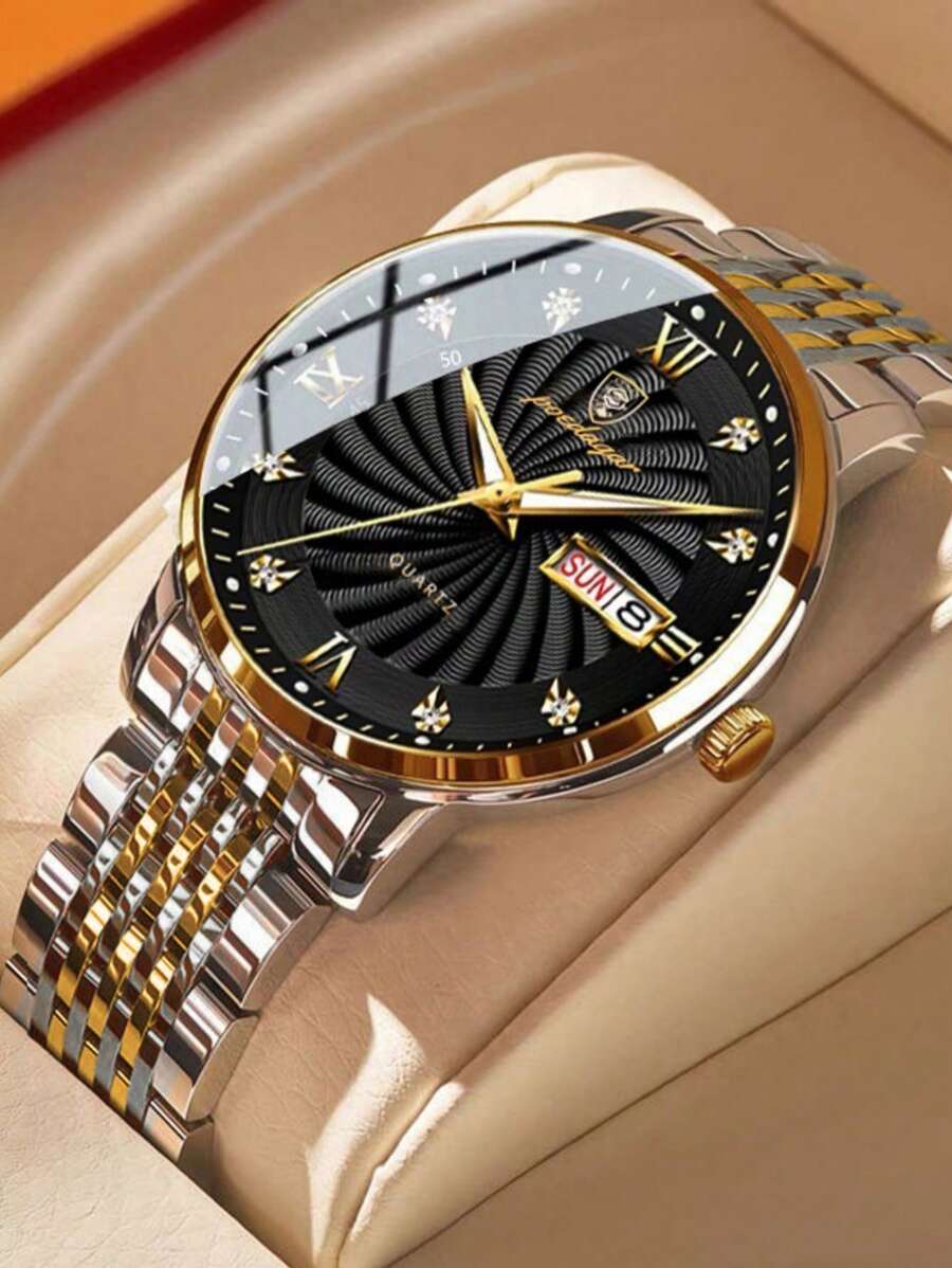 1pc Men's Watch 50 Waterproof Watch Week Calendar Dual Display Watch Gold Thread 316 Stainless Steel Strap Fashion Business Luminous Hands Diamond Scale Men's Watch Japan Quartz Movement Father's Day Gift Men's Birthday Gift - màu đen - Xem 1