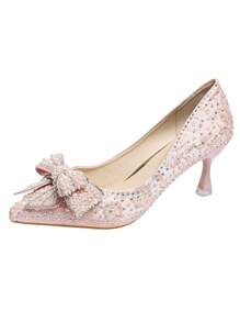 Summer Pointed Toe Pearl Rhinestone Bow Shiny Laser Holographic Pearl Random Printed Textured Mini High Heel Slip-On Shoes For Casual Or Party Valentines