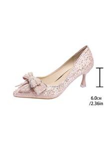 Summer Pointed Toe Pearl Rhinestone Bow Shiny Laser Holographic Pearl Random Printed Textured Mini High Heel Slip-On Shoes For Casual Or Party Valentines