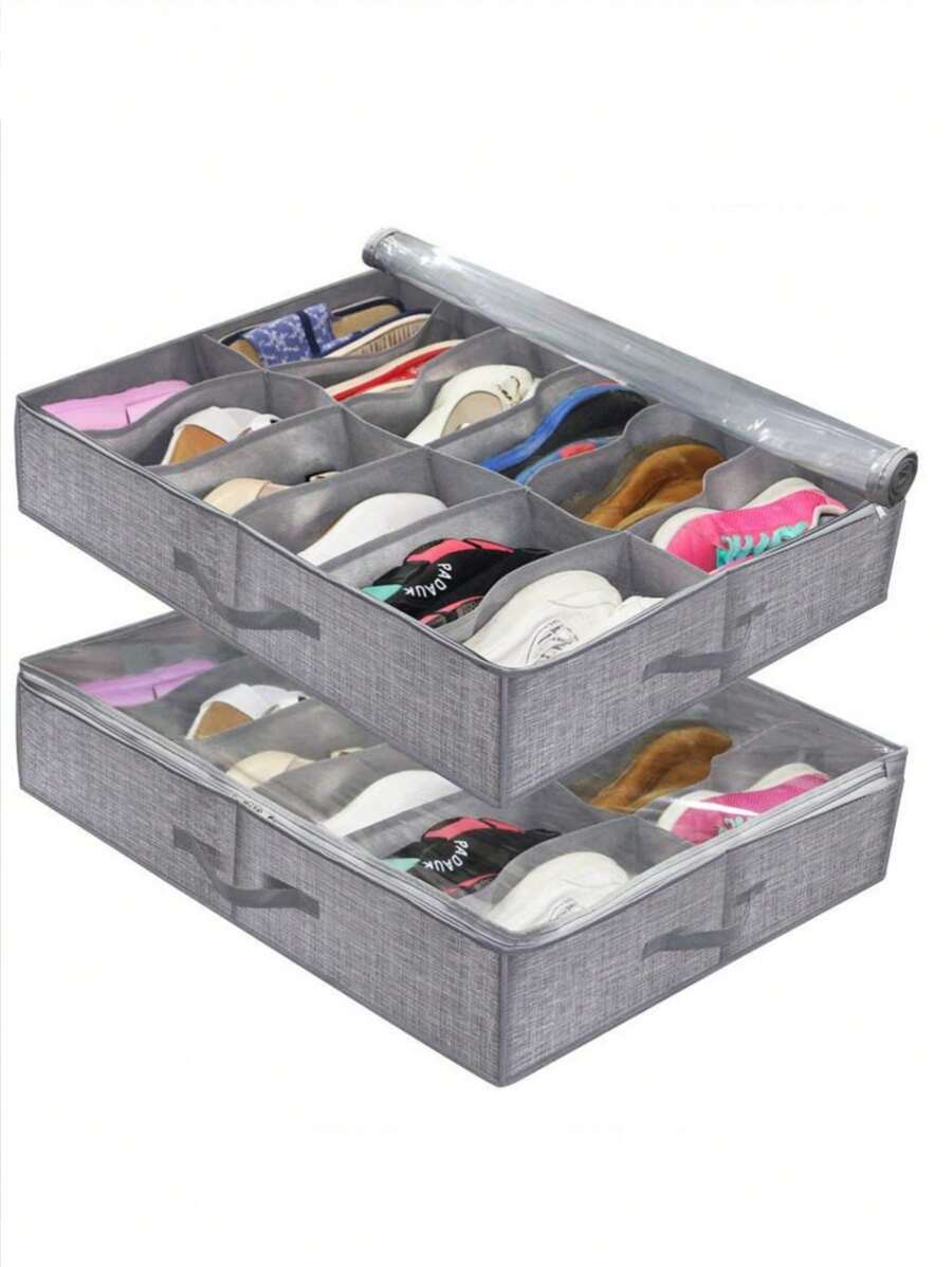 1pc Underbed Shoe Storage Bag With Transparent Cover, Dust-Proof, 12 Compartments, Foldable Shoe Organizer Bag For Home, Bedroom, Study Room, Back To School Essential - Grey - View 1