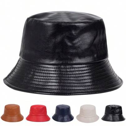 1pc Men's Solid Color PU Leather Bucket Hat, Stylish Bucket Hat For Fishing, Windproof, Casual, Suitable For Autumn/Winter Trip, Beach Party, Warm