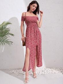Botanical Floral Print Pleated Off Shoulder Short Sleeve Dress