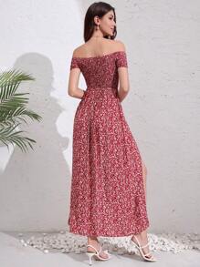 Botanical Floral Print Pleated Off Shoulder Short Sleeve Dress