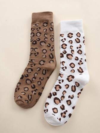 2 par leopardmönstrade damstrumpor med personlig design, lämpliga för dagligt bruk