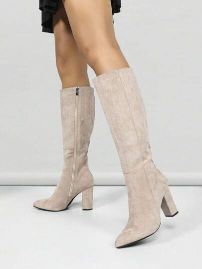 Women's Side Zipper Chunky Heel Over-The-Knee Boots, Retro Apricot Fashion Pointed Toe Boots, High Comfort Elegant Boots, Suitable For Autumn/Winter Season To Pair With Knitted Jackets, Versatile Women Shoes For Various Occasions,Party