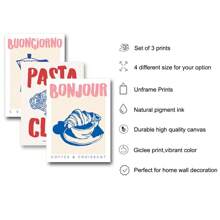 Set di 3 stampe su tela con immagini di cibo e bevande, cartellone d'arte per la cucina, stile retrò francese, con motivi come pasta, caffè e pane, quadri senza cornice per decorazione minimale per cameretta, appartamento, sala da pranzo, soggiorno, casa moderna