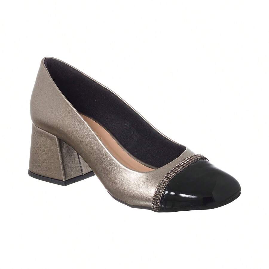 Di Valerina Women's Pumps Doll Shoes Thick Heel Square Toe Rhinestone - Old Silver/Black - View 1