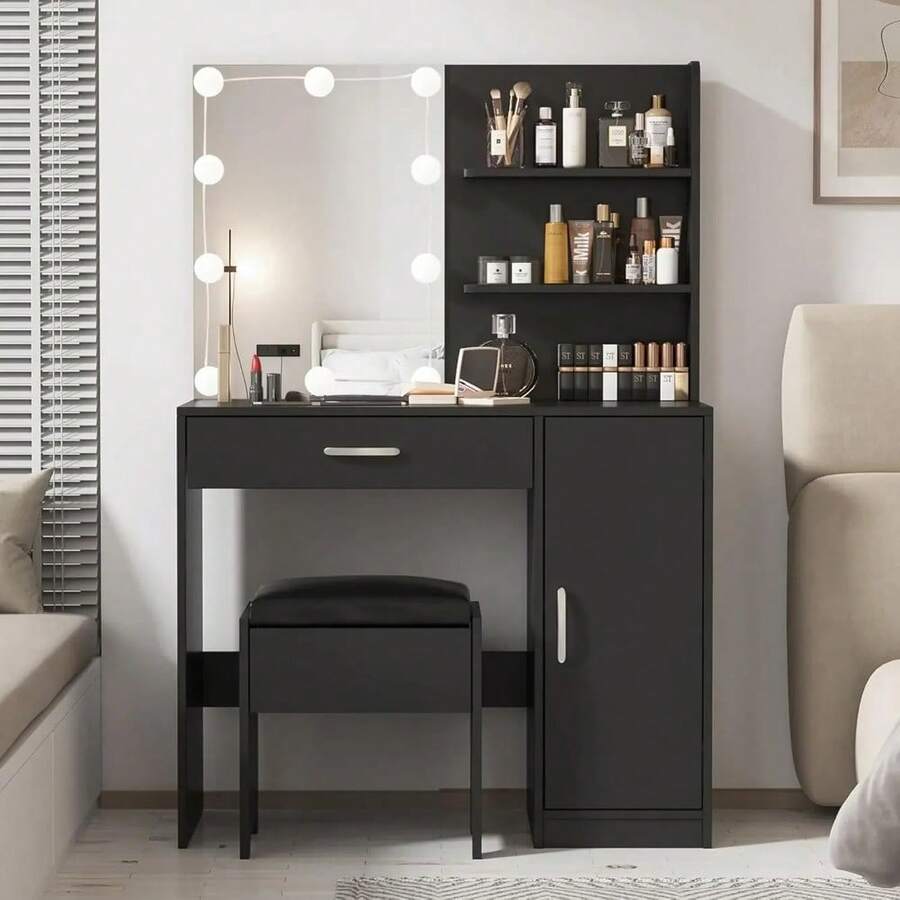 Makeup Vanity Desk With Lighted Mirror & Power Strip,Makeup Vanity